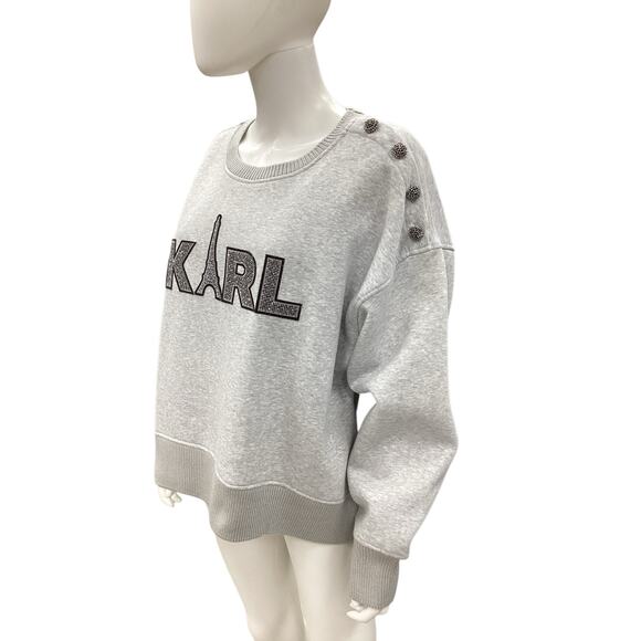 NWT Karl Lagerfeld Sweatshirt/ Top Women’s Size XL Cotton Blend Ornate Sign Gray - Picture 2 of 7